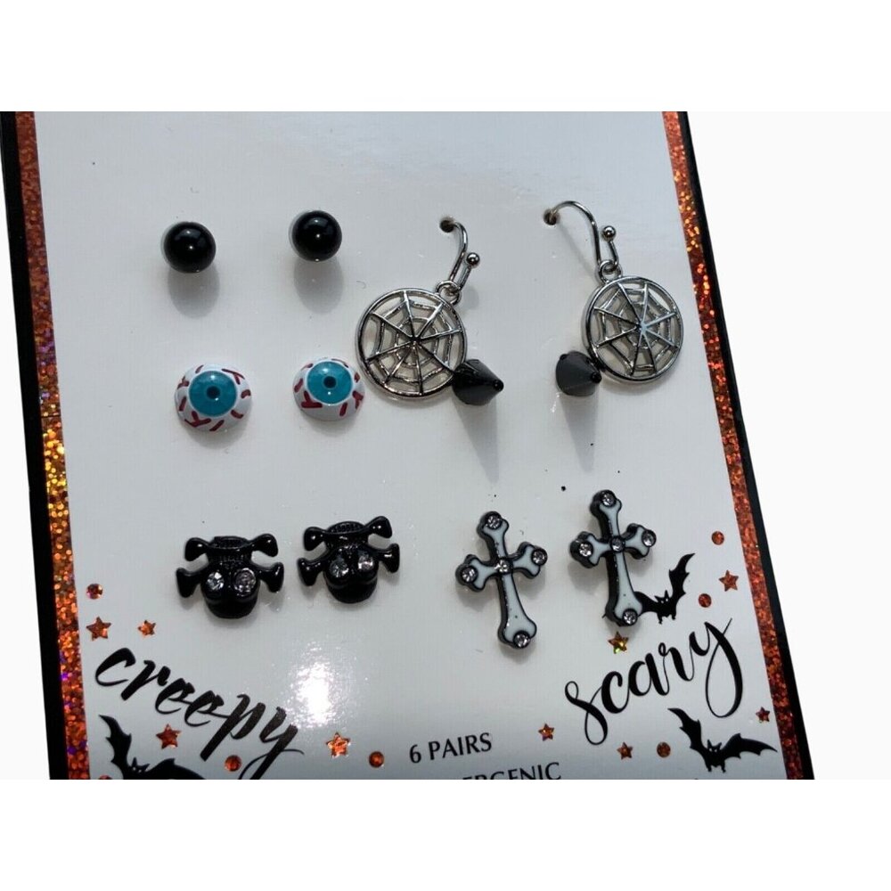 Halloween Stud Earrings Cross Spider Eyes Spider web 6 Pairs